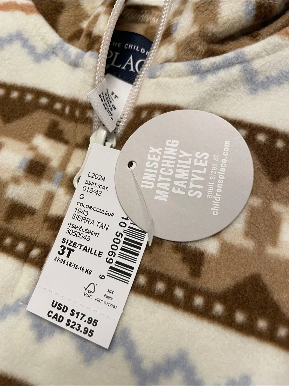 NWT The Children’s Place 3T SIERRA TAN Half Zip Pullover Micro-fleece Fair Isle